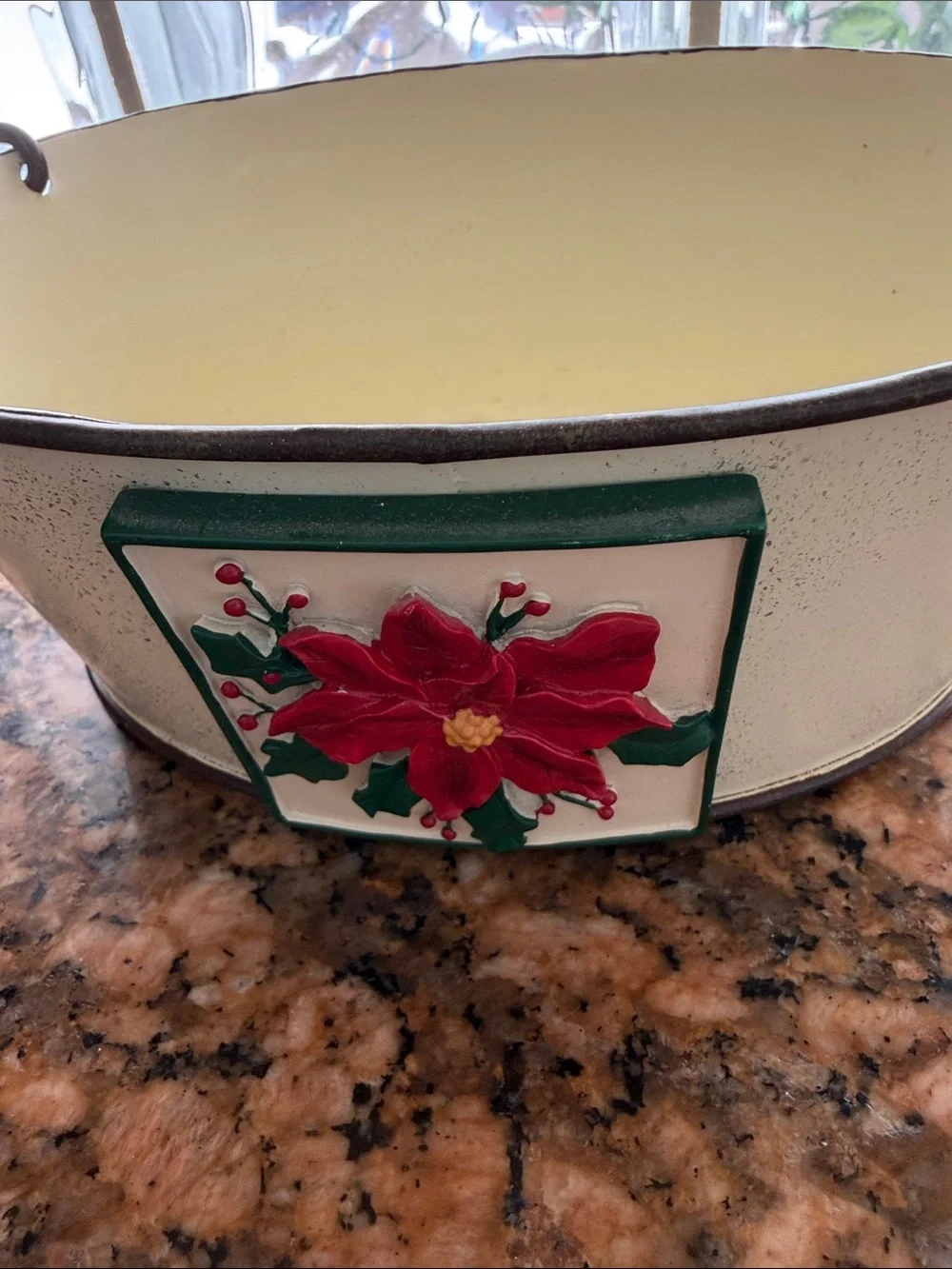 Vintage Cream Poinsettia Decorative Metal Bowl with Handles